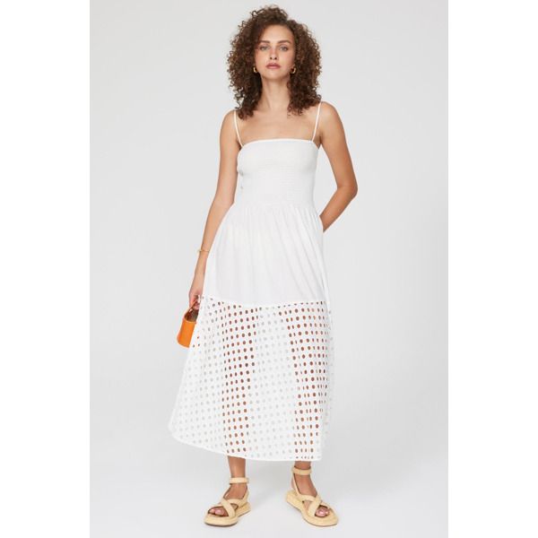 White cotton (100% Cotton). A-line. Sleeveless. Square neck. Square neck. Pull on. 54" from shoulder to hemline. Imported. Striped Dresses, Rent The Runway, Solid & Striped, Closet Designs, Lace Overlay, Dresses Xs, Striped Dress, Square Neck, White Cotton