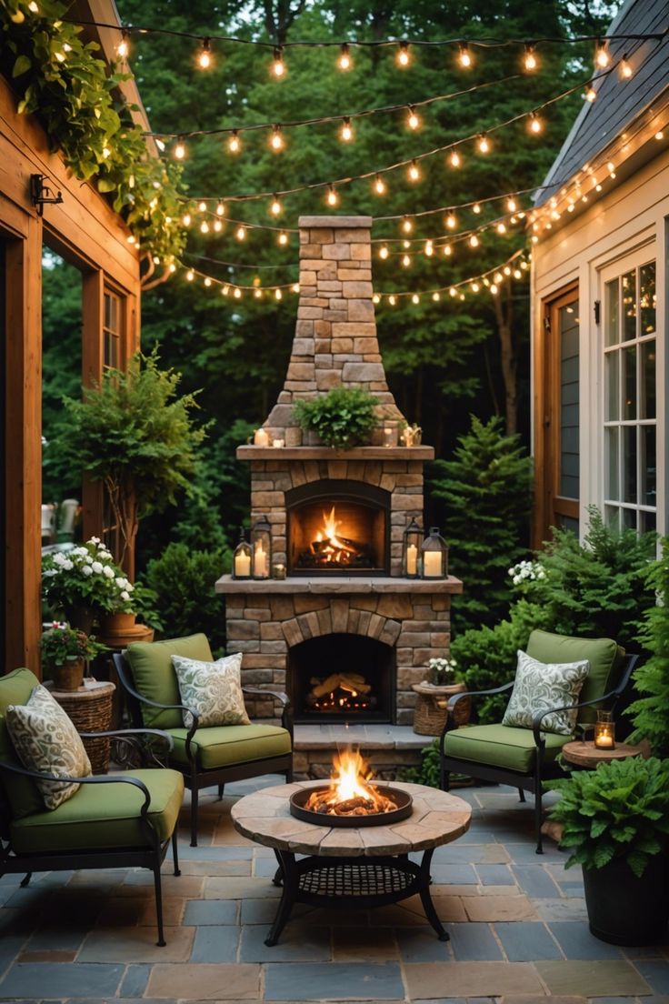 an outdoor fireplace surrounded by patio furniture and string lights