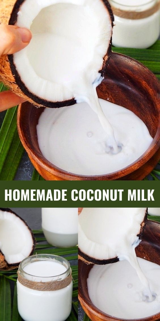 coconuts being poured into a bowl with milk in it and on the other side