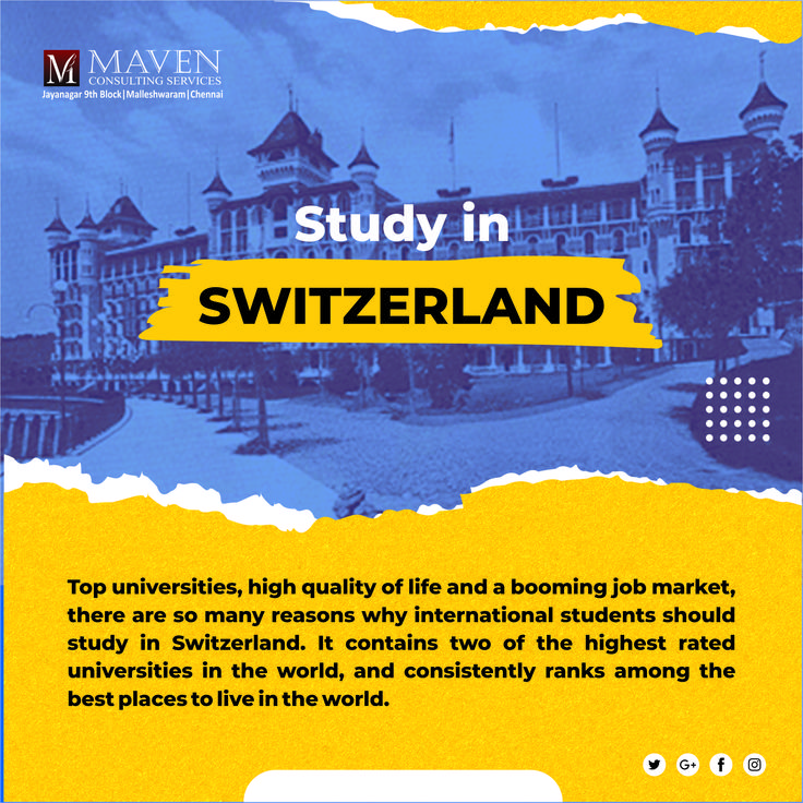 a yellow and blue book cover with the words study in switzerland