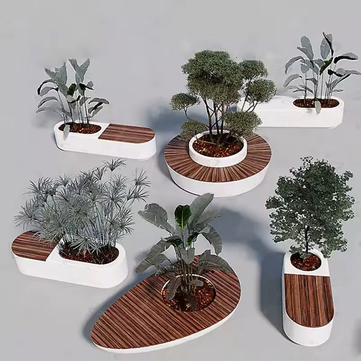 there are many potted plants in the shape of oval trays on this table