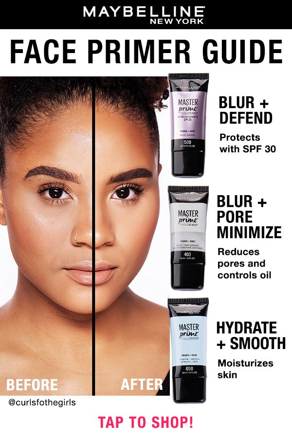 Face Primer Guide: For oily skin, try Maybelline Master Prime Blur + Smooth Primer. For dry skin, apply Hydrate + Smooth Primer. For a primer with SPF, try Maybelline's Blur + Defend primer. Maybelline Primer For Oily Skin, Best Primer For Combination Skin, Best Primer For Dry Skin, Face Primer For Dry Skin, Primer For Combination Skin, Maybelline Primer, Too Faced Primer, Maybelline Master Prime, Makeup Eyeshadow Brown Eyes