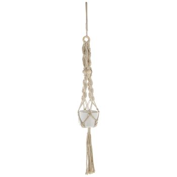 a white glass hanging decoration with tassels and beads on the end of it