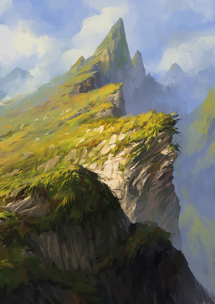 a painting of a mountain with grass on top