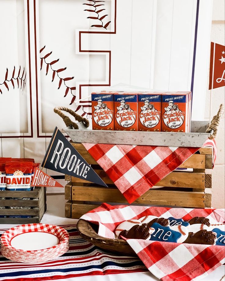 a table topped with red, white and blue food