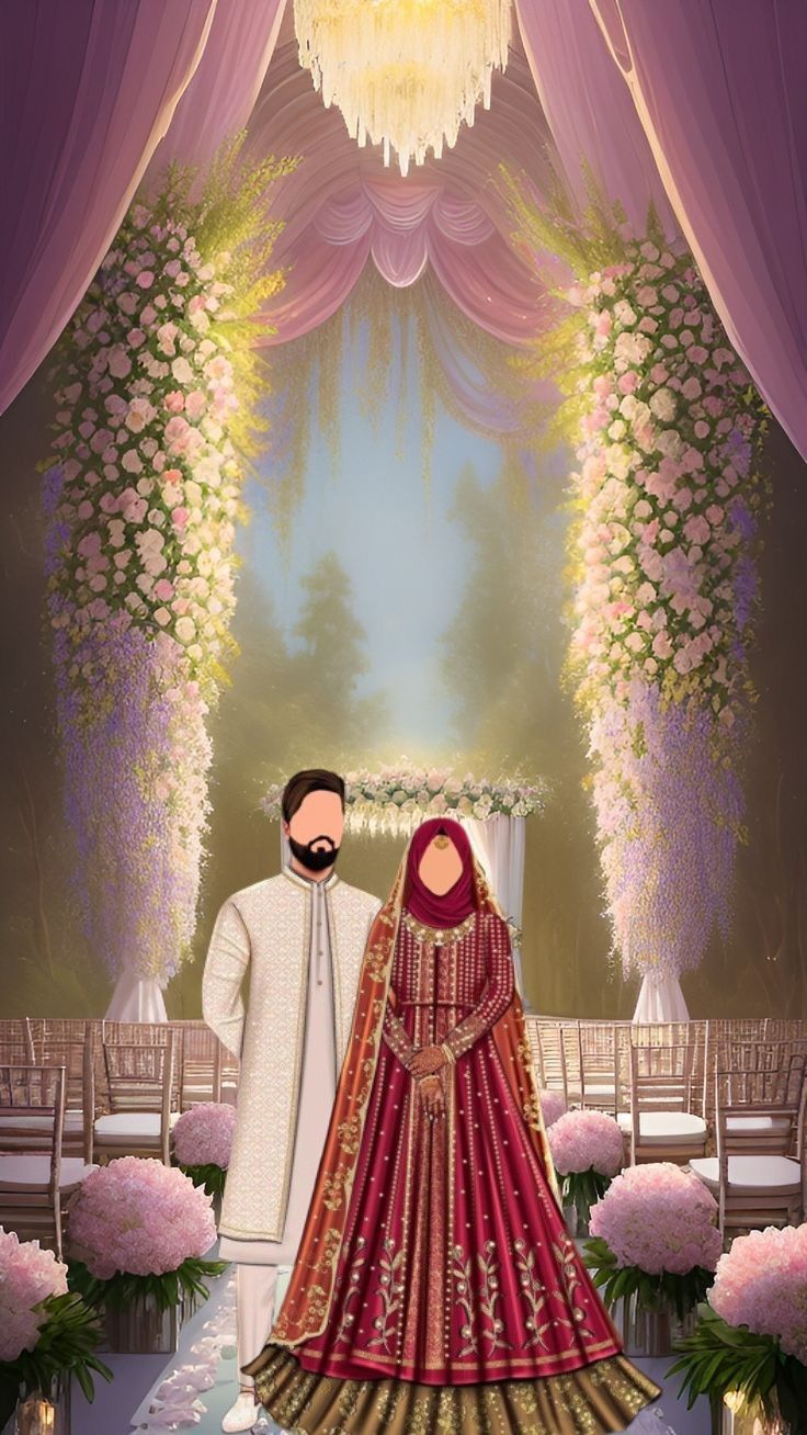 Nikkah Illustration, Baraat Invitation, Wedding Cards Images, Wedding Illustration Card, Bride And Groom Cartoon, Couple Illustration Wedding, Couple Illustrations, Wedding Couple Cartoon, Digital Wedding Invitations Design