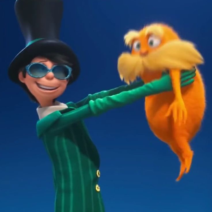 the onceler holding the lorax from the lorax movie 2012 Lorax And Onceler Matching Pfps, Popular Movie Duos, Lorax Character Costumes, The Lorax And The Onceler, Lorax Couple Costume, Duo Movie Characters, Ohare Lorax, Mr Ohare, Best Cartoon Duos