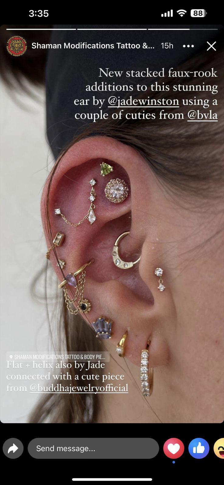 the ear is adorned with different types of piercings