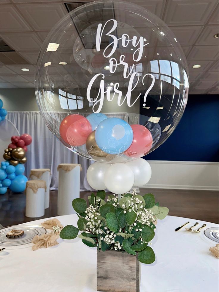 Gender reveal centerpiece! Perfect touch for any occasion!🎈✨👚👕 Clear Balloon Centerpieces, Balloons Centerpieces, Clear Balloon, Balloon Centerpiece, Clear Balloons, Pooh Baby, Balloon Centerpieces, 1st Year, Balloon Decor