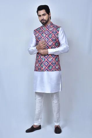 Shop for Khwaab by Sanjana Lakhani Blue Geometric Patola Print Cotton Silk Bundi And Kurta Set for Men Online at Aza Fashions Pant Art, Patola Print, Pathani Kurta, Mens Indian Wear, Sleeveless Kurta, Mens Wear Wedding, Groom Dress Men, Wedding Dresses Men Indian, Overcoat Men