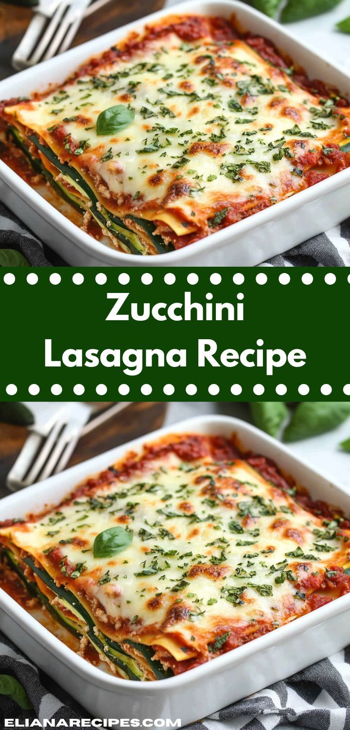 zucchini lasagna recipe in a white casserole dish with basil and cheese