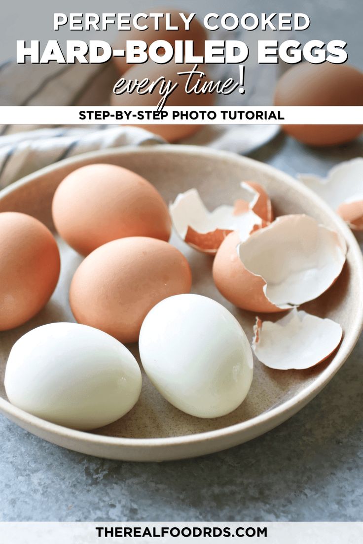 hard boiled eggs in a bowl with text overlay