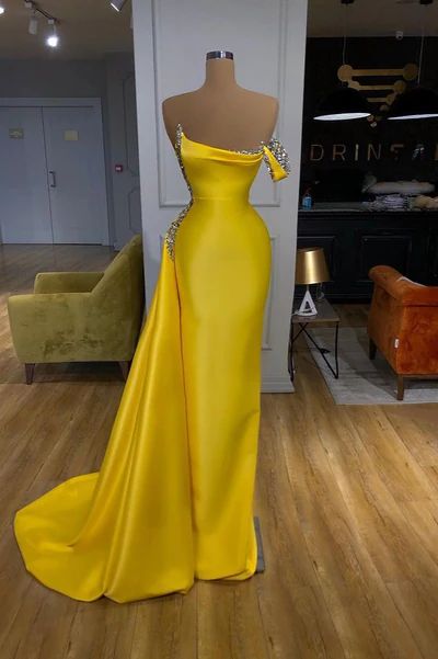 Shop Ballbella.com with New arrival One-shoulder evening dress in bright yellow color. More styles of Mentallic Sequins Overskirt Prom Dress. Yellow Prom Dresses, Yellow Prom, Prom Dresses Yellow, Strapless Prom Dresses, فستان سهرة, Prom Dresses Online, Dresses Elegant, Prom Dresses Long, Dress First