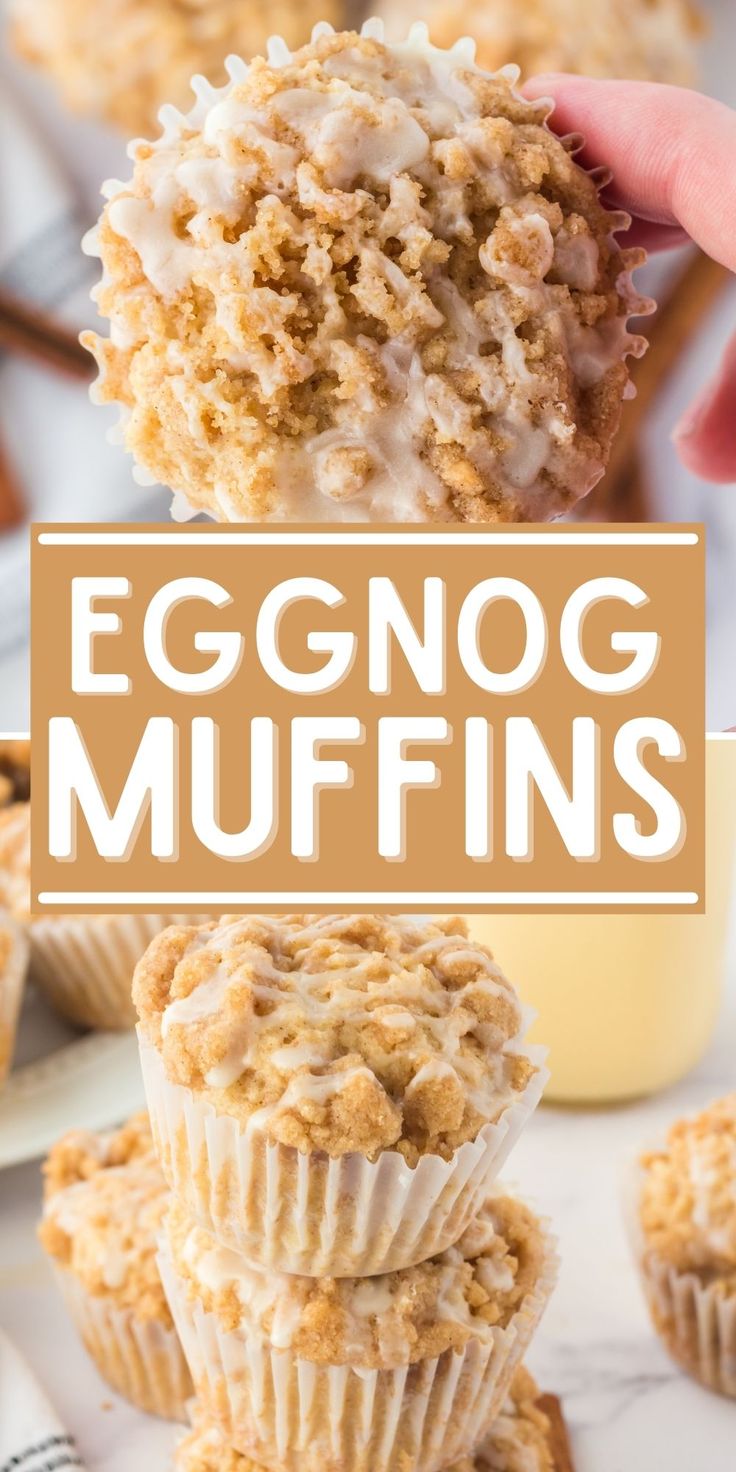 eggnog muffins are stacked on top of each other with the words eggnog muffins above them