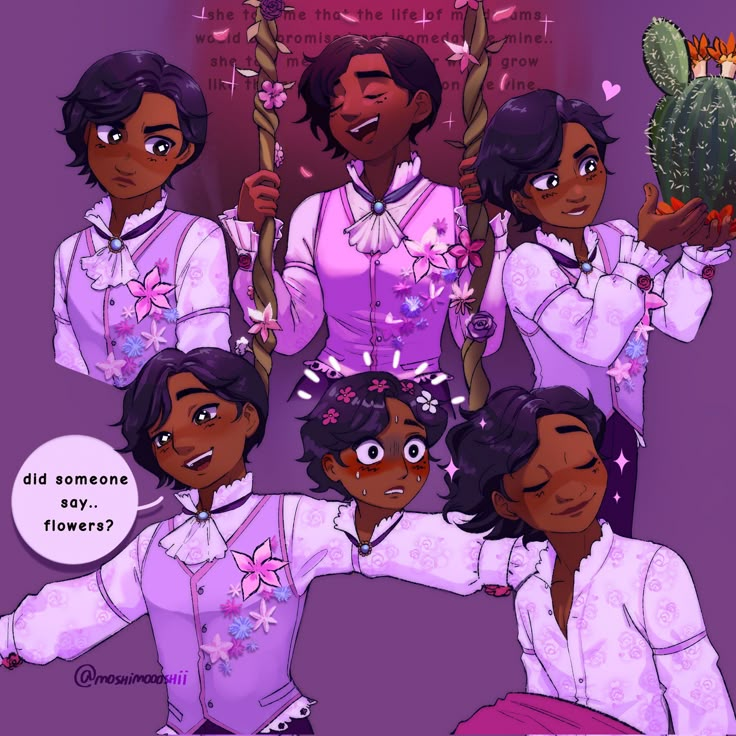 four black girls in white shirts holding flowers and cactuses with text that reads did someone say flowers?