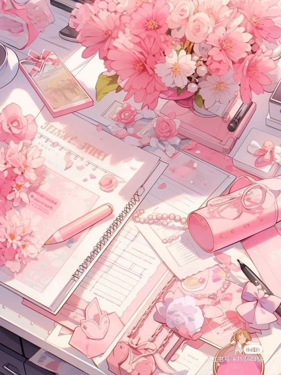 a desk with pink flowers, pens and papers on it next to a bouquet of flowers