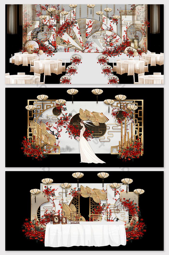 an image of a wedding set up with red flowers and white linens on the table