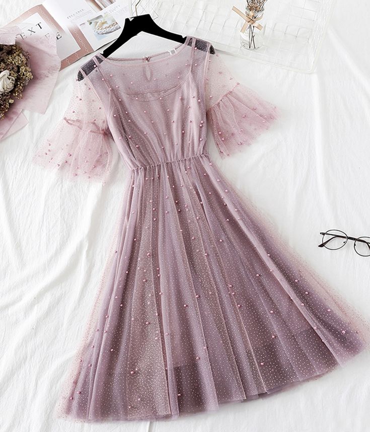 Cute pearl two-piece short skirt summer dressMaterial : tulle, pearlColor : pink, gray, black, green, dark purple, champagneSize : S, M, L, XLS: length 96cm bust 90cm sleeve 27cm shoulder 38cmM: length 97cm bust 94cm sleeve 28cm shoulder 39cmL: length 98cm bust 98cm sleeve 29cm shoulder 40cm&ltp&gtXL: length 99cm bust 102cm sleeve 30cm shoulder 41cm&lt/p&gt&ltbr/&gt Summer Short Sleeve Tulle Dresses, Elegant Mini Mesh Dress For Summer, Summer Tulle Skirt Dress With Short Sleeves, Feminine Tulle Mini Dress For Summer, Feminine Summer Tulle Mini Dress, Elegant Summer Midi Dress With Tulle Skirt, Feminine Tulle Dress For Summer, Feminine Summer Tulle Dress, Summer Chiffon Dress With Tulle Skirt