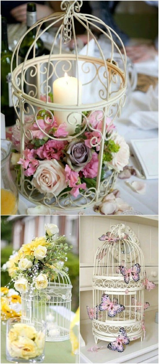 some flowers in a birdcage with candles on the top and another photo above it