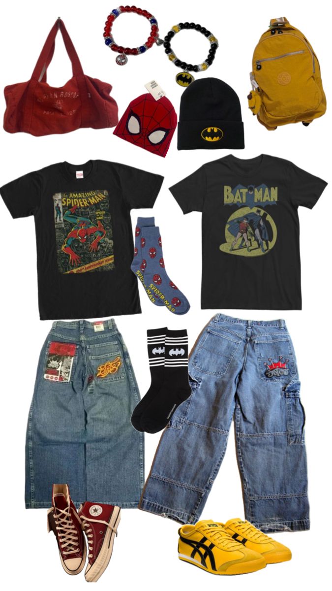 Peter Parker Clothes Aesthetic, Nerd Core Outfit, Spiderman Themed Outfits, Spiderman Aesthetic Outfit, Spider Man Inspired Outfit, Spiderman Fits, Batman Streetwear, Spiderman Outfit Ideas, Batman Inspired Outfit