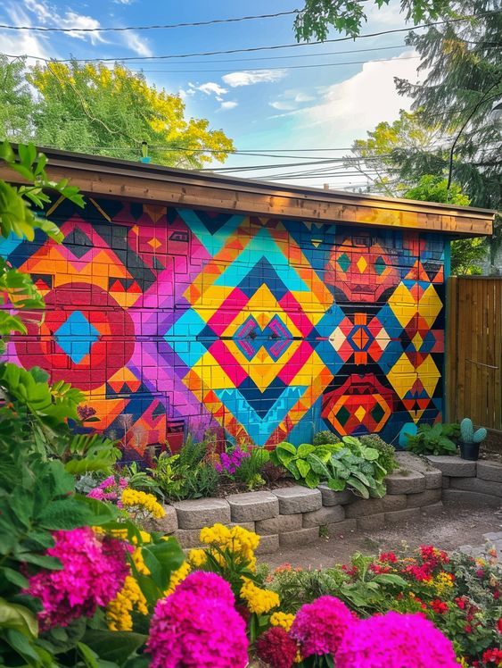 a colorful painted wall with flowers in the foreground and a wooden fence behind it