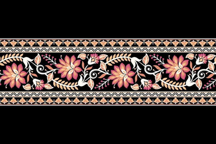 an ornate border with flowers and leaves in pink, yellow and black colors on a black background