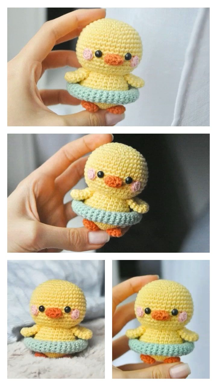 crocheted little yellow ducky holding a tiny blue and green object in it's hands