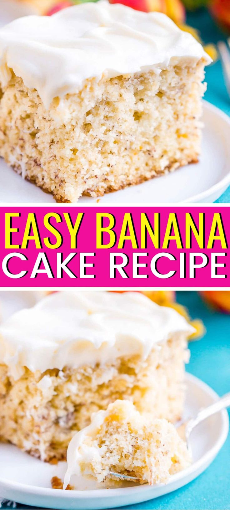 two slices of easy banana cake with white frosting on top and pink text overlay that says easy banana cake recipe