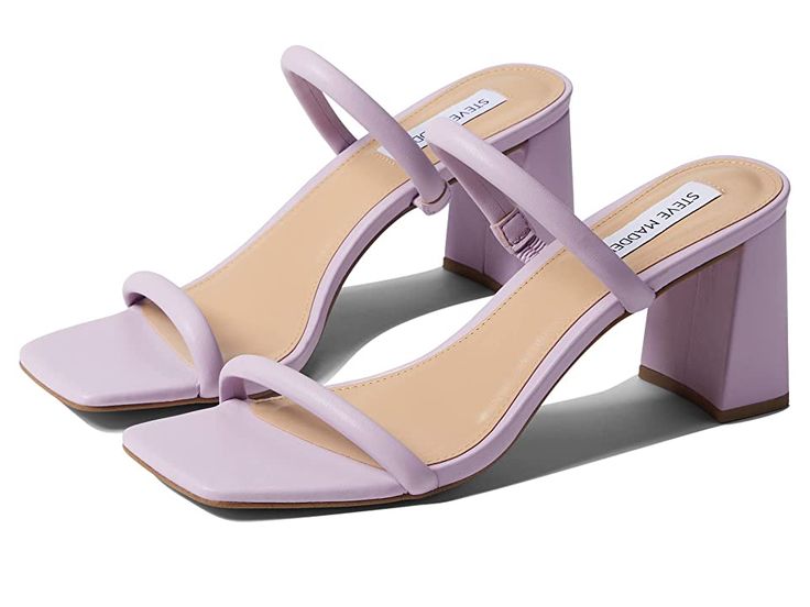 Steve Madden Lilah Sandal - Women's Shoes : Lilac : Be on-trend with the Steve Madden Lilah Sandal. Slip-on styling with straps at the toes and vamp of the foot. Square, open-toe design. Synthetic upper. Lining, insole, and outsole made of leather material. Flared, block heel. Made in Brazil. Measurements: Heel Height: 2 3 4 in Weight: 8 oz Product measurements were taken using size 8, width M. Please note that measurements may vary by size. Weight of footwear is based on a single item, not a pa Pastel Purple Heels, Trendy Open Heel Adjustable Sandals, Synthetic Square Toe Sandals With Stacked Heel, Trendy Sandals With Heel Strap Medium Width, Trendy Sandals With Adjustable Heel Strap, Trendy Adjustable Sandals With Heel Strap, Trendy Medium Width Sandals With Heel Strap, Trendy Square Toe Slingback Sandals For Spring, Spring Open Toe Block Heels With Sculpted Heel