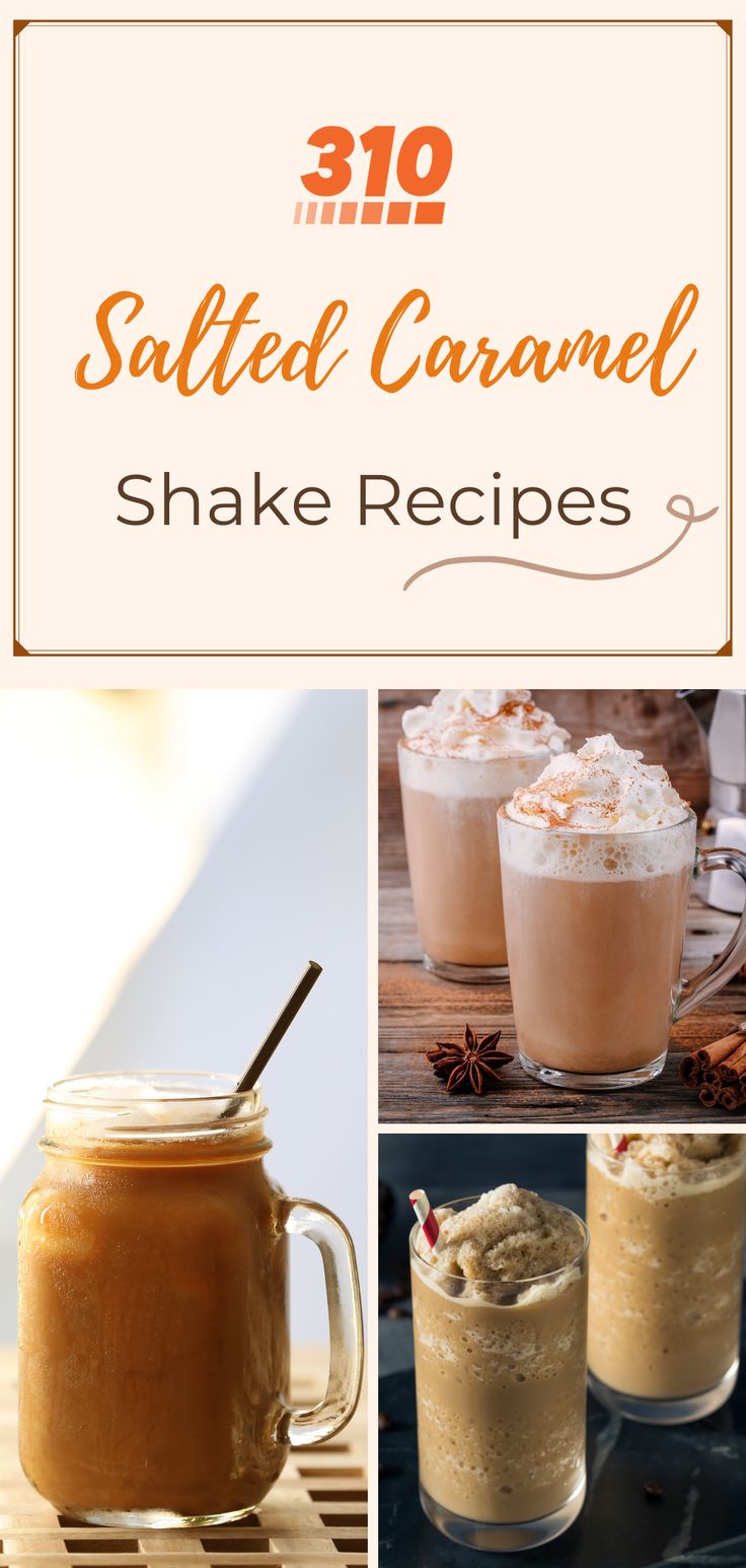 salted caramel shake recipe collage with text overlay that reads, salted caramel shake recipes