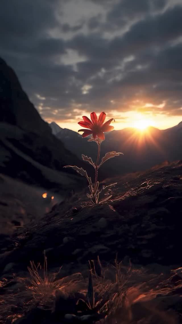 the sun is setting over a mountain with a single flower in it's foreground