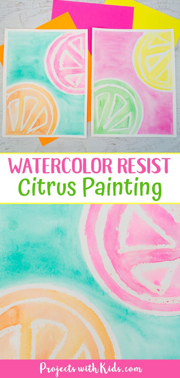 watercolor resist citrus painting with text overlay that reads, watercolor resist citrus painting