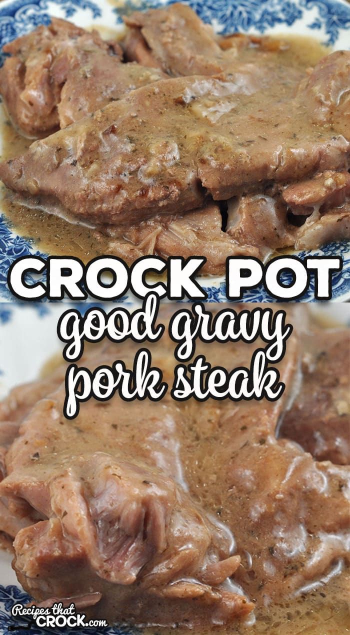 crock pot goot gravy pork steak on a blue and white plate