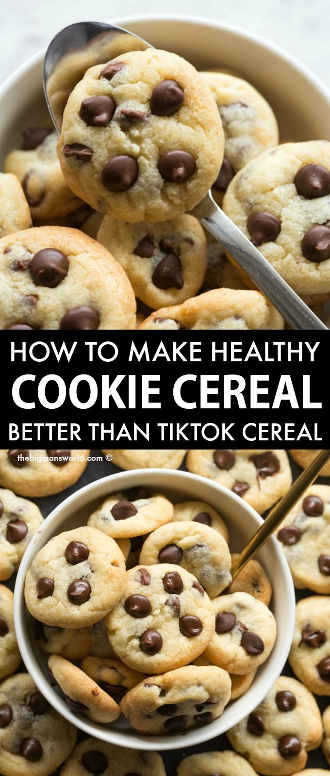 chocolate chip cookies in a bowl with the words how to make healthy cookie cereal better than tiko cereal