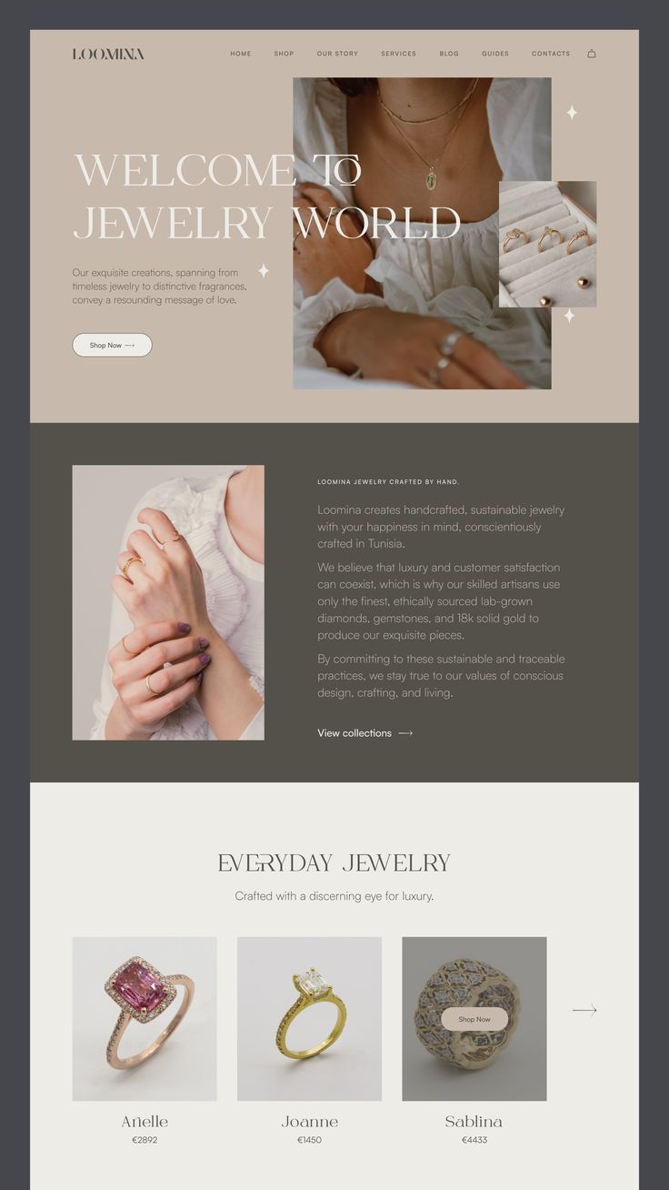 the website for jewelry store is displayed