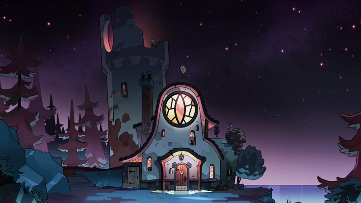 an animated image of a house in the woods at night