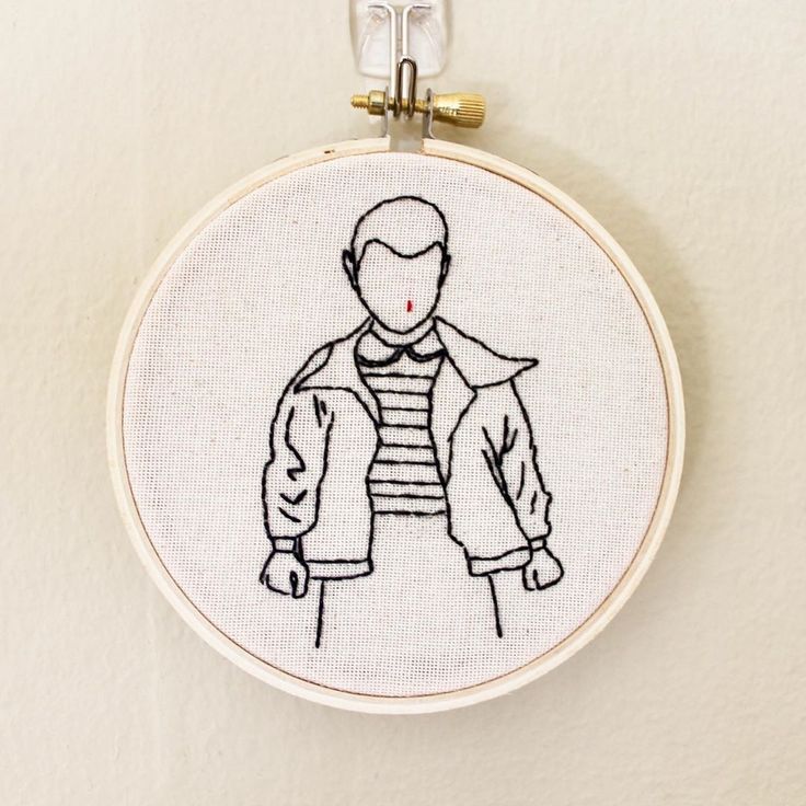 a hand embroidered picture of a person wearing a jacket and striped shirt, hanging on a wall