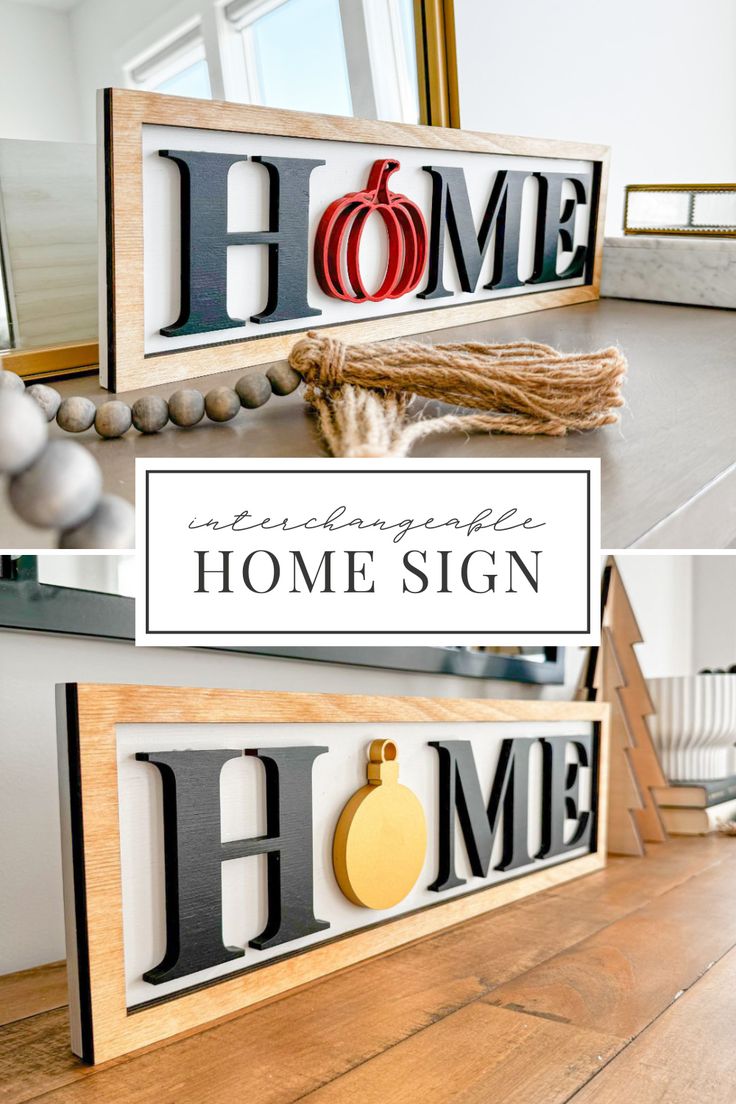 the home sign is made from wood and has pumpkins on it, as well as a