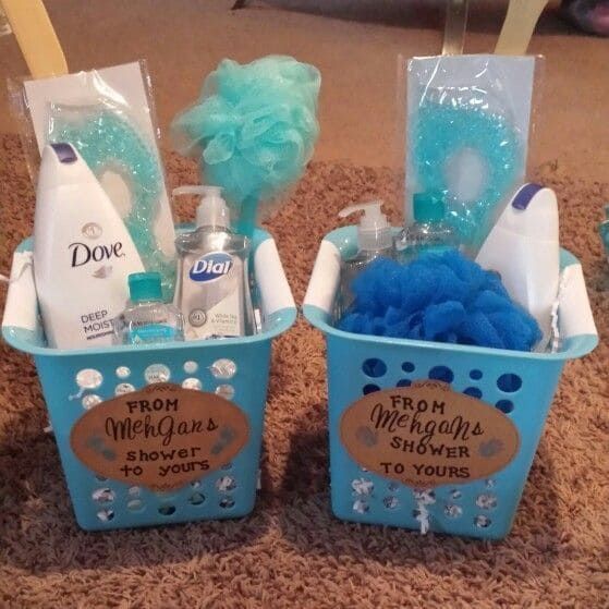 three baskets filled with personal care items on top of a carpet