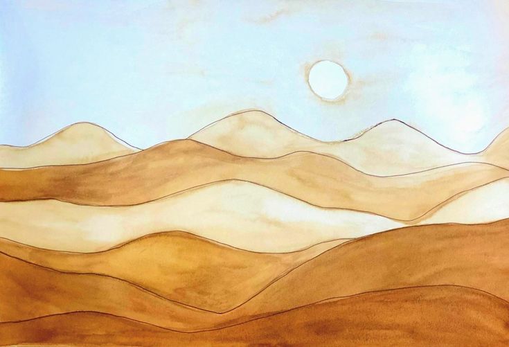 a drawing of mountains with the moon in the sky