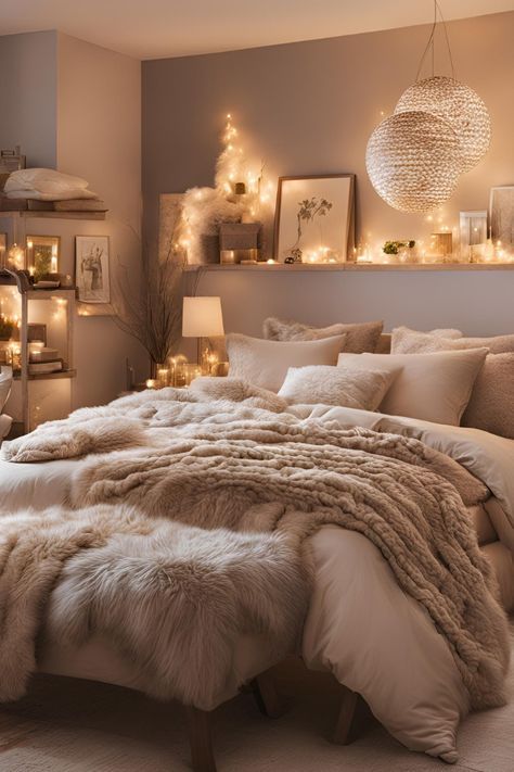 a bedroom with lights and fur on the bed