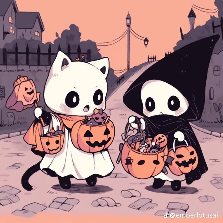 two cartoon characters dressed up as cats and dogs holding pumpkins in their hands while walking down the street