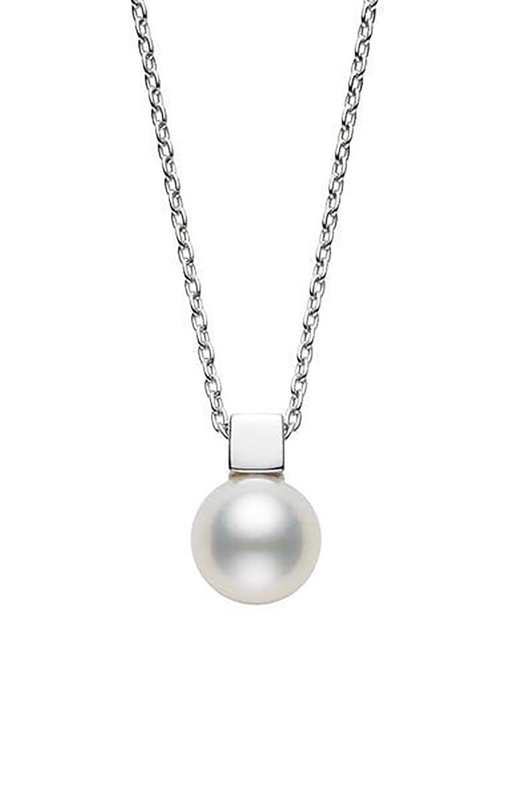 A cube of 18-karat gold rests on an Akoya cultured pearl in this minimalist pendant necklace. Style Name:Mikimoto Classic Cultured Pearl Pendant Necklace. Style Number: 6232858. Modern White Gold Jewelry With Akoya Pearl, Elegant Necklace With Rectangular Pendant And Box Chain, Modern Jewelry With Pearl Charm, Modern Pearl Necklace With Pearl Charm For Formal Events, Formal Necklace With Rectangular Pendant And Box Chain, Modern White Pearl Necklace For Gift, Modern Formal Necklace With Rectangular Pendant, Formal White Necklace With Box Chain, Modern Akoya Pearl Jewelry For Formal Occasions