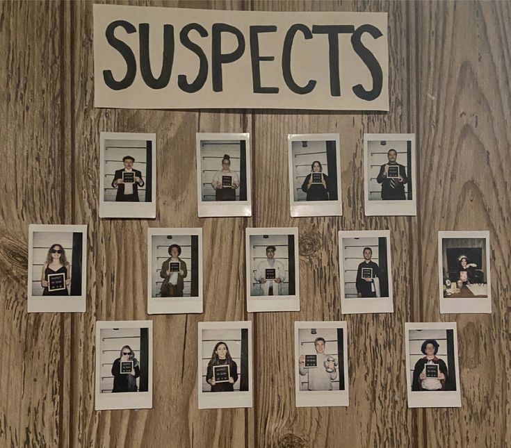 a bulletin board with pictures on it and the words suspects written in black