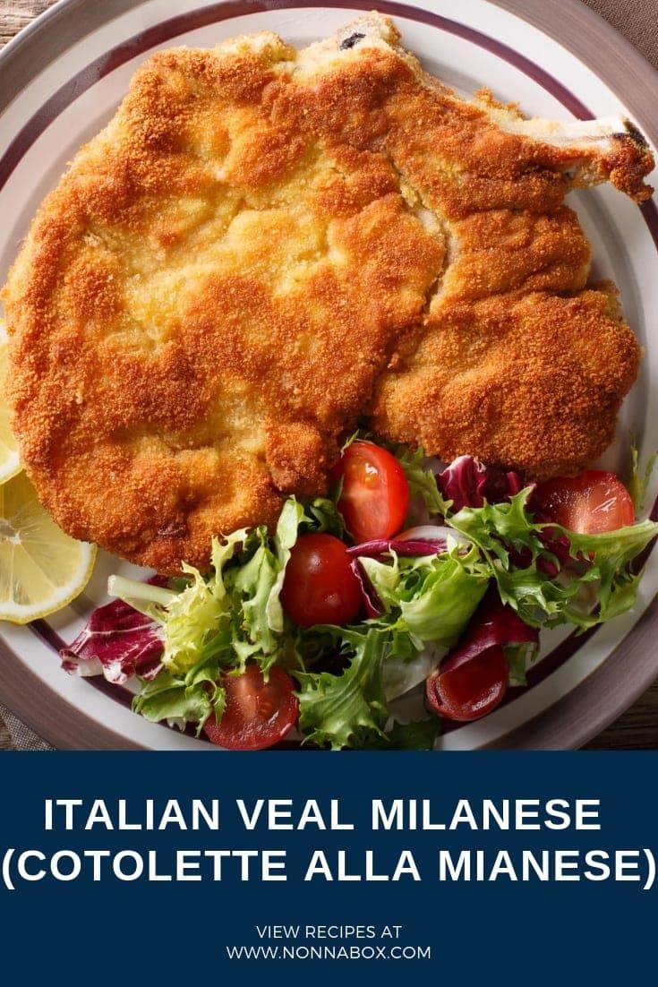 an image of italian meal with chicken and salad on the side text reads italian veal milanee cotolette alla mainese