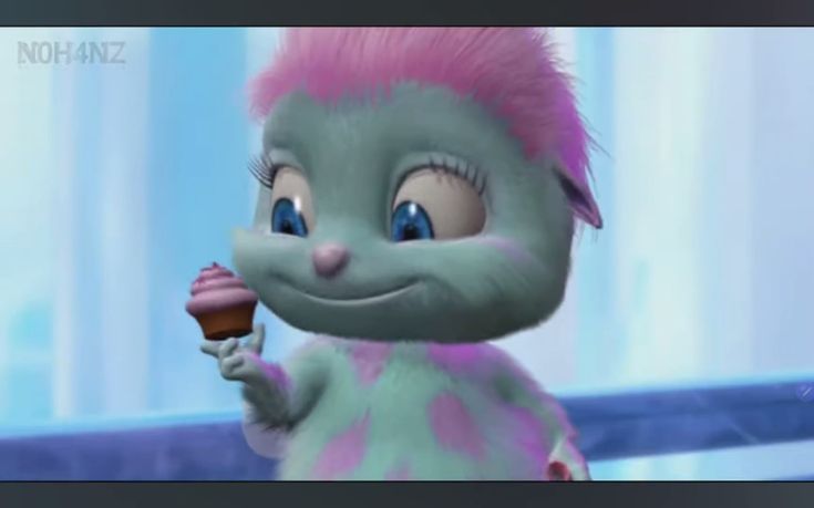 a cartoon character with pink hair holding an ice cream cone