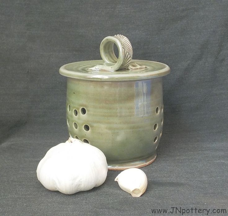 an onion and garlic sitting next to a canister on a gray background with the lid open