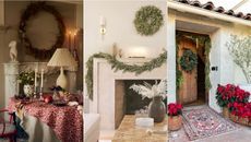 three different rooms decorated for christmas and new year's eve with wreaths on the fireplace