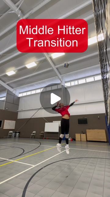 a woman in red shirt and black shorts on basketball court with words middle hitter transition