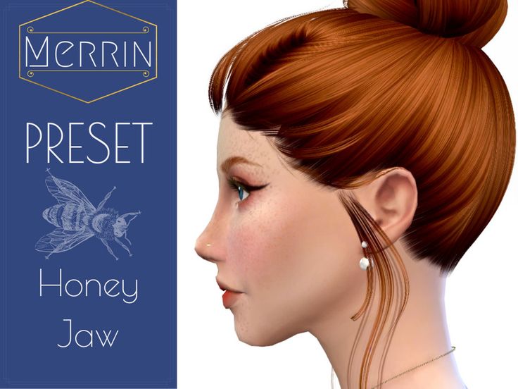 a woman with red hair and earrings next to a blue sign that says merrin preset honey jaw